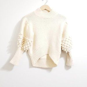 Dmon Puffy Sleeve Pom Pom Mock Neck Ivory Sweater